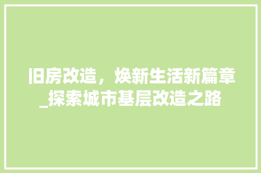 旧房改造，焕新生活新篇章_探索城市基层改造之路