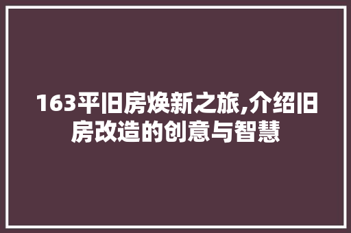 163平旧房焕新之旅,介绍旧房改造的创意与智慧