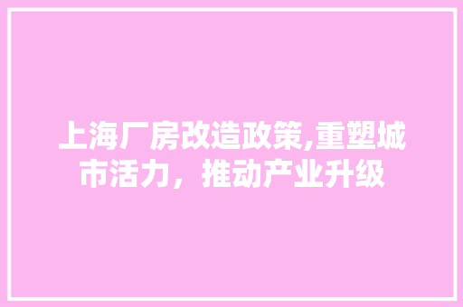 上海厂房改造政策,重塑城市活力，推动产业升级
