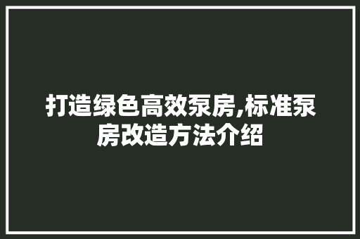打造绿色高效泵房,标准泵房改造方法介绍