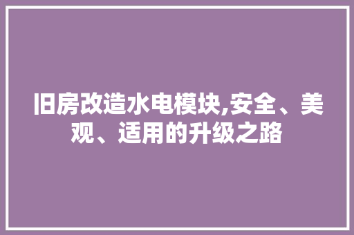 旧房改造水电模块,安全、美观、适用的升级之路
