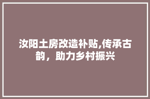 汝阳土房改造补贴,传承古韵，助力乡村振兴